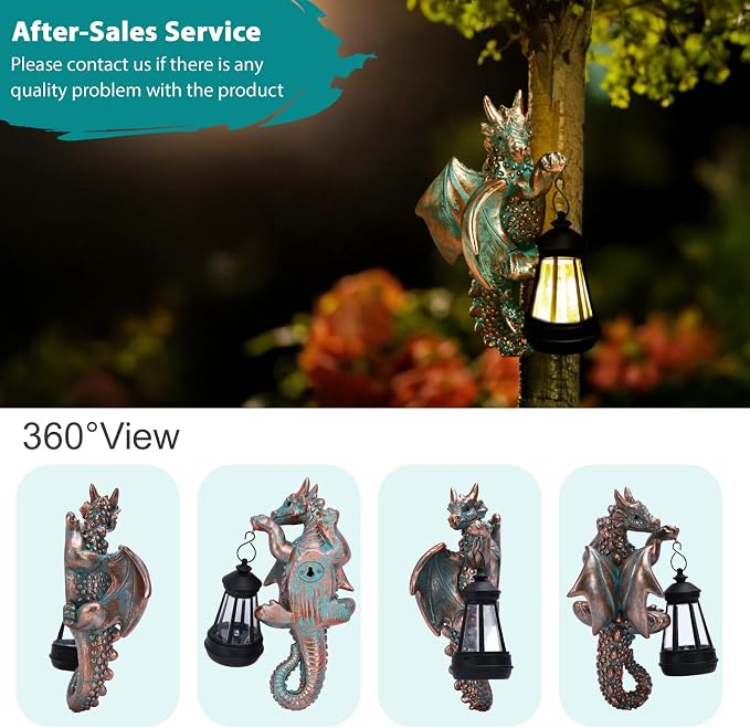 Goodeco Dragon Tree Hugger Garden Statue with Solar Lantern - 9.3 Inch Resin Dragon Decor for Outdoor, Perfect Dragon Gifts & Yard Decor（Bronze）