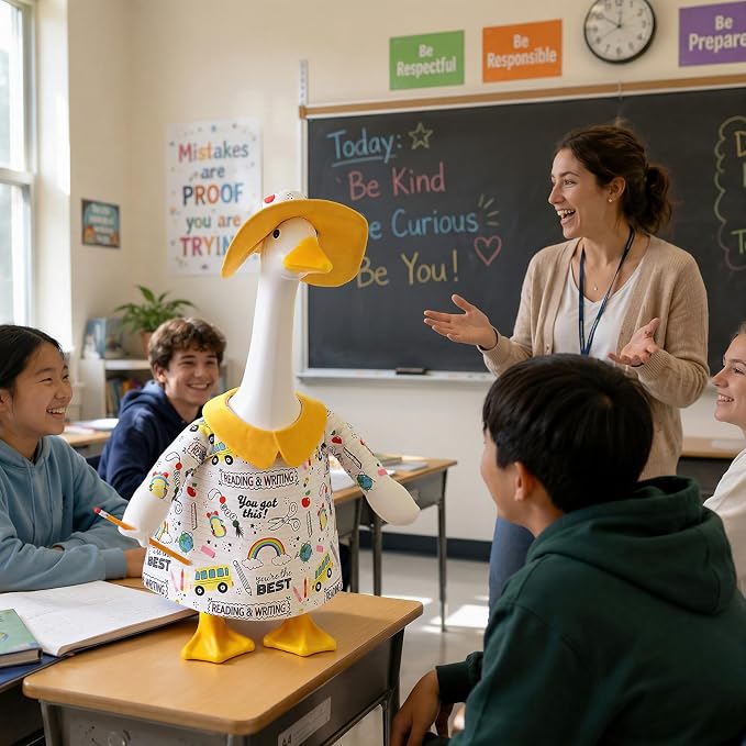 Outus Back to School Porch Goose Outfits Includes Notebook Doodle Shirt Yellow Sun Hat and Pencil Prop First Day of School Classroom Goose Clothing for Outdoor Garden Yard Patio Lawn 23" Statue