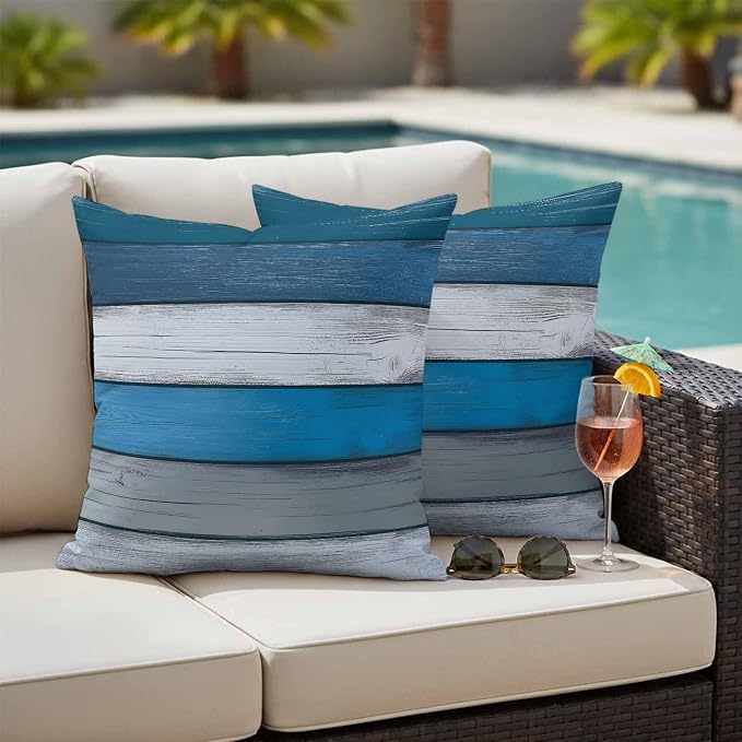 Coastal Style Outdoor Waterproof Throw Pillow Covers Set of 2, 20"x20", Retro Blue Grey Stripes Wood Texture Decorative Pillow Covers Outside Cushion Case for Patio Porch Garden