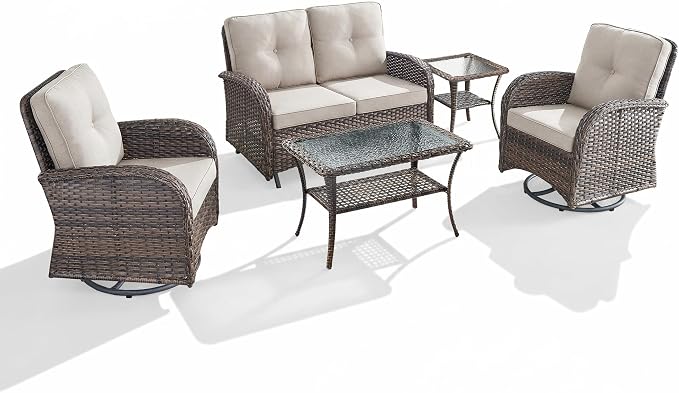 5 Piece Patio Furniture Set - Wicker Patio Conversation Set with Swivel Glider, Glider Loveseat, Tempered Glass Side Table and Coffee Table for Deck Backyard - Brown Wicker Beige Cushion