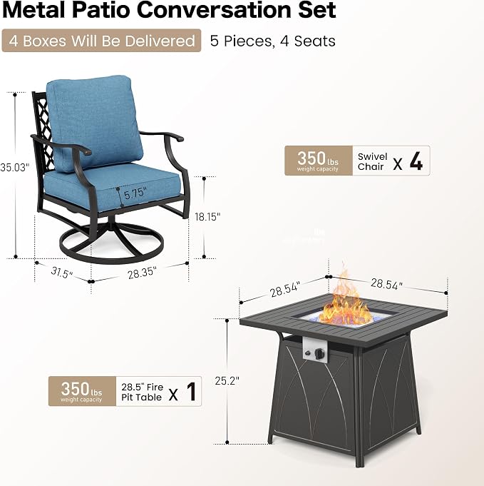 SUNSHINE VALLEY 5 Piece Metal Outdoor Patio Furniture Set with Fire Pit Table, Patio Conversation Sets 4 Swivel Chairs with 5.75" Thick Cushion and 5000 BTU Fire Pit Table, Backyard Furniture, Navy