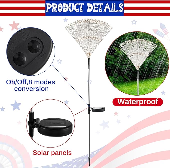 Tujoe 9 Pcs 4th of July Solar Firework Lights Patriotic Solar Light Outdoor Garden 120 LED 8 Modes Waterproof LED Sparkler Light for 250th Anniversary Patio Yard Pathway Walkway (Red,White,Blue)