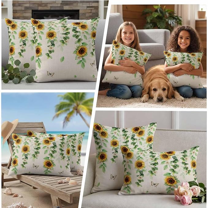 Sunflowers Butterfly Waterproof Outdoor Pillow Covers Set of 2 Home Decor, Spring Floral Pastoral Rustic Pillowcase Patio Pillow Covers for Couch Bench Furniture Garden 24x24in