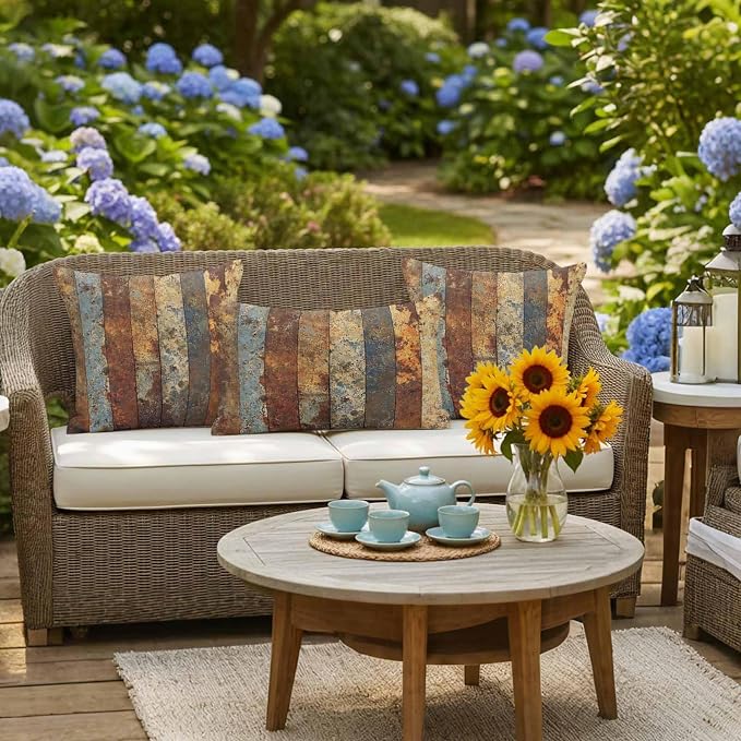 Brown Gray Outdoor Pillow Covers 20x20 Inch Throw Pillow Covers Set of 2 Waterproof Decorative Pillow Cases Farmhouse Abstract Gradient Wooden Grain Cushion Covers for Patio Furniture Garden Couch