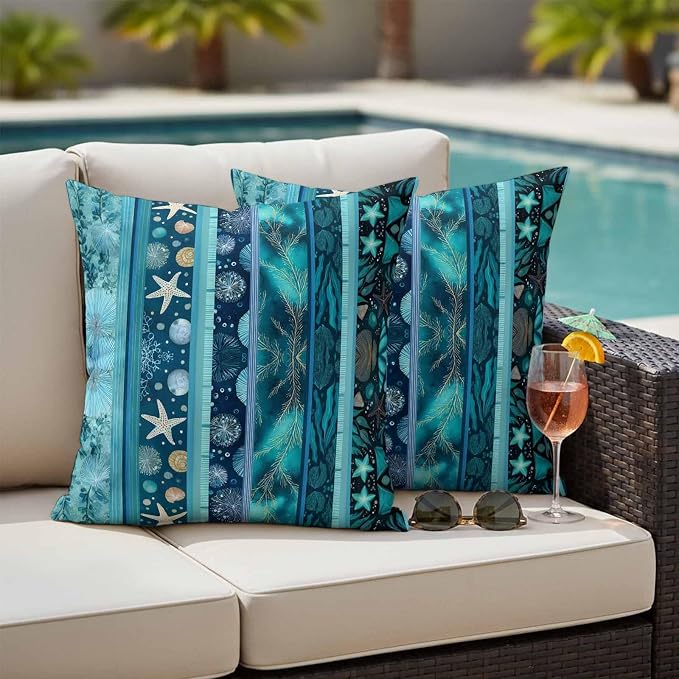 Turquoise Ocean Outdoor Waterproof Throw Pillow Covers Set of 2, 18"x18", Blue Stripes Starfish Coral Seaweed Luxury Decorative Pillow Covers Outside Cushion Case for Patio Porch Garden