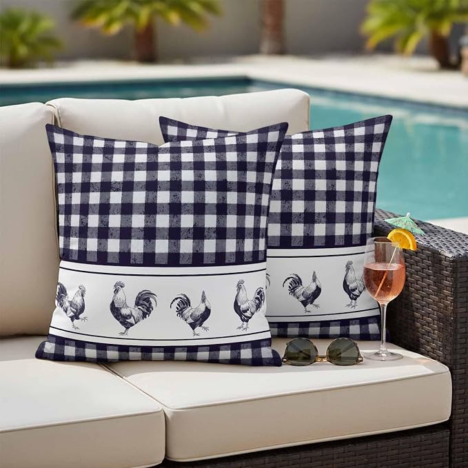 Outdoor Waterproof Throw Pillow Covers Set of 2 Chicken Cock Rooster Pillowcases 26x26 Inches Farmhouse Animal Purple Buffalo Plaid Decorative Pillows Cushion Case Patio Pillows for Couch Bed Chair