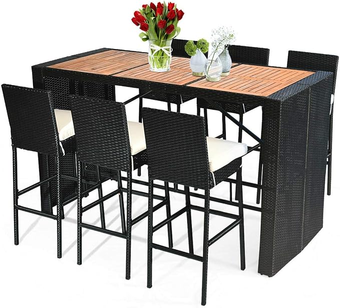 Tangkula 7 PCS Outdoor Wicker Furniture with Acacia Wood Bar Table Top and Removable Cushion, Conversation Set for Dining, Patios, Backyards, Porches, Gardens and Poolside (Black)