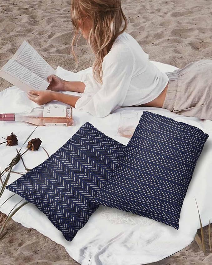 Navy Blue Gold Striped Outdoor Pillow Covers Waterproof,All Weather Cushion Case Set of 2 Lumbar Pillowcase for Sofa Couch Bed Decor Patio Furniture 20"x12" Contemporary Minimalist Boho Geometric