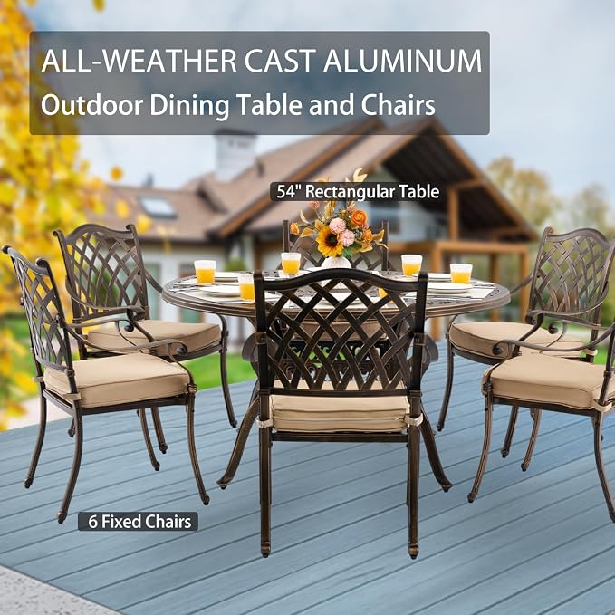 7-Pcs Cast Aluminum Patio Dining Set for 6, 54" Round Table,Bronze | Outdoor Furniture Set Include Dining Table and 6 Stackable Chairs with Cushions & Umbrella Hole
