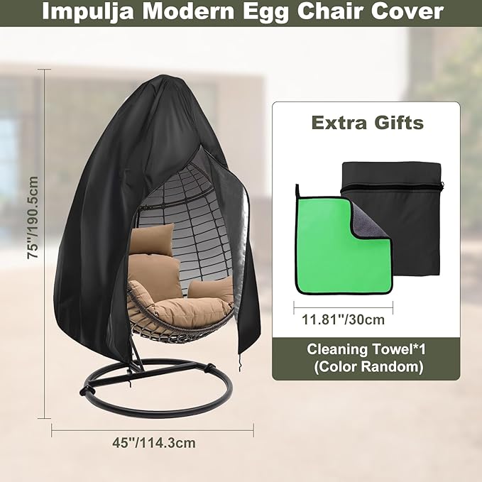 Patio Egg Chair Cover with Zipper,Outdoor Hanging Egg Chair Cover,UV Resistant,Windproof Heavy Duty,Wicker Egg Swing Chair Covers,Fits Single Seat Egg Chair,75"" x 45"",Black