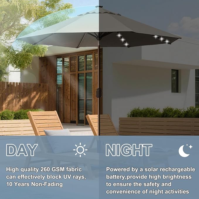 EliteShade USA 10-Year-Non-Fading 10ft Market Patio Umbrella, Commercial Grade Table Sun Umbrella with 80 Solar LED Lights, Crank Open, Windproof & UPF 50+ UV Protection for Garden, Deck, Pool, Backyard, Antique Beige