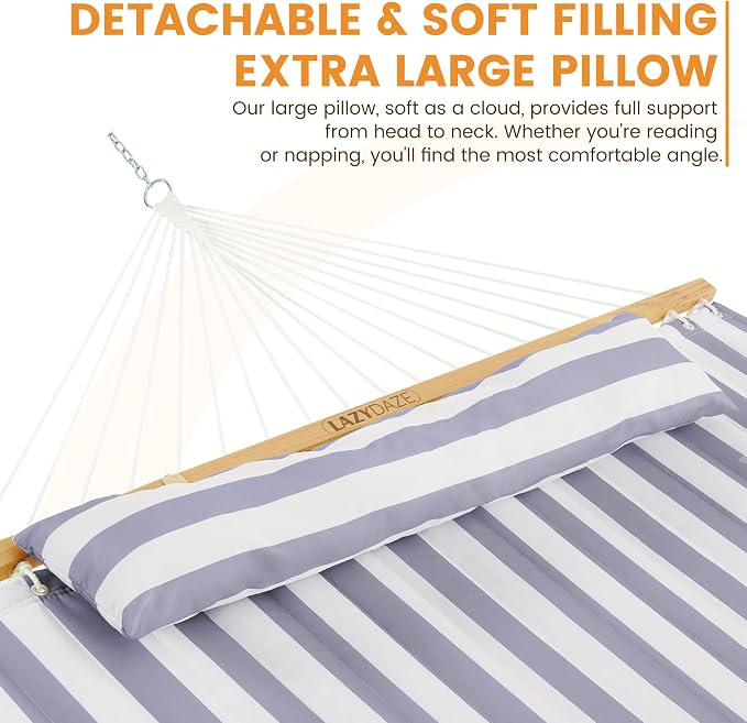 Lazy Daze Hammocks 12FT Quilted Fabric Double Hammock with Spreader Bars and Detachable Pillow, 2 Person, 450 lbs Capacity, Gray White