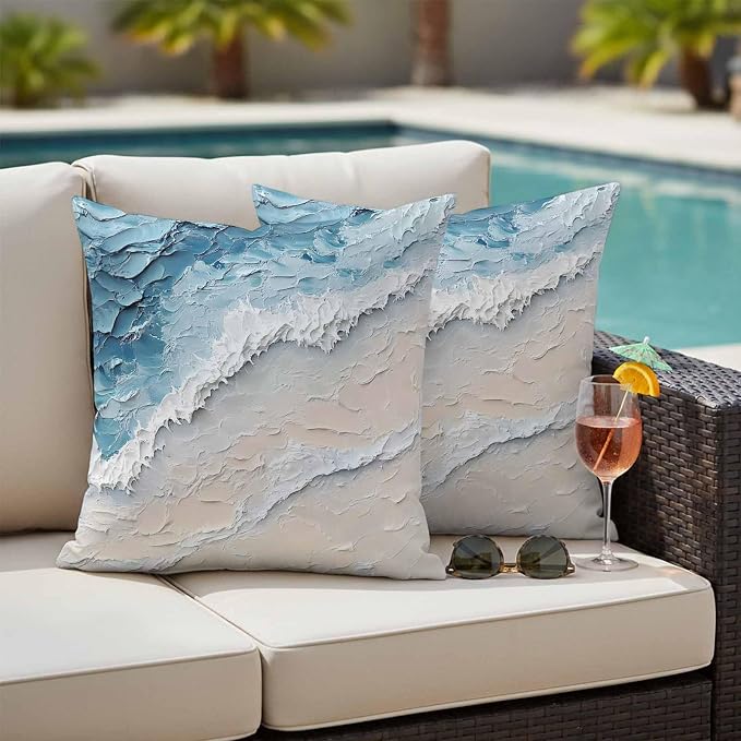 Outdoor Pillow Covers Set of 2, Abstract Ocean Scene Oil Painting Art Decorative Throw Pillow Covers 16X16IN, Natural Sea Wave Beach Throw Pillows Protector Cushion Case for Patio,Couch,Sofa,Garden