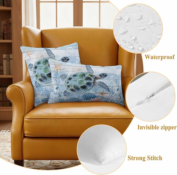 Green Sea Turtle Outdoor Waterproof Throw Pillow Covers Set of 2, 18"x18", Ocean Coral Starfish Vintage Blue Plank Decorative Pillow Covers Outside Cushion Case for Patio Porch Garden