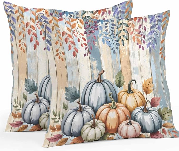 Orange Pumpkins Outdoor Waterproof Pillow Covers, Eucalyptus Leaves Wood Grain Country Rustic Decorative Square Throw Pillowcase Sofa Cushion Sham for Patio/Couch/Chair, 26"x26" 2 Pack