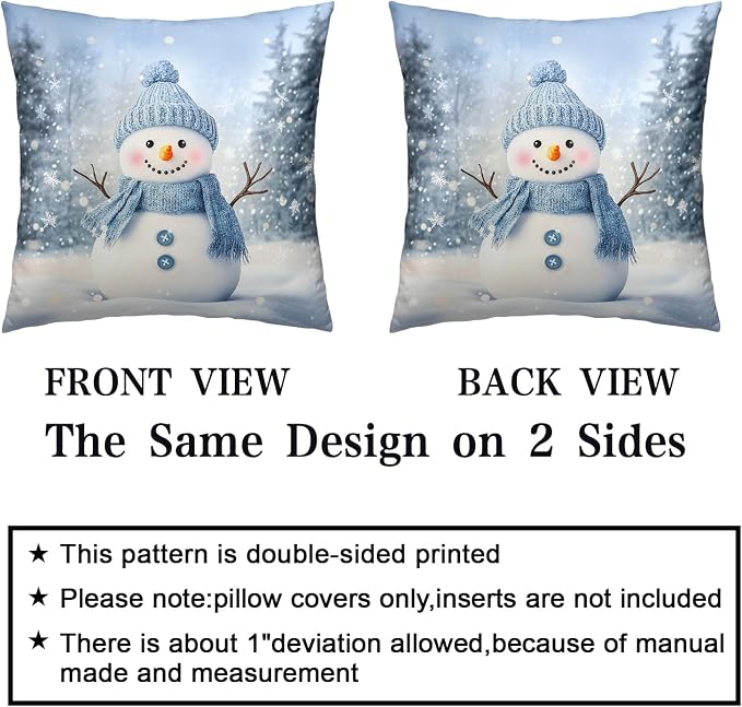 Blue Snowman Throw Pillow Covers Winter Pillow Covers 16x16 Snowflakes Pillow Case Double Sided Printing Cushion Case for Home Decor Couch Sofa Set of 2