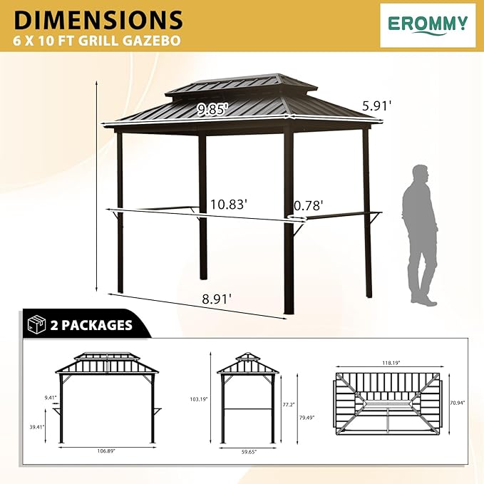 EROMMY 10' x 6' Hardtop Grill Gazebo, Outdoor Metal BBQ Gazebo with Double Galvanized Steel Roof, Permanent Grill Canopy with Side Shelves and Ceiling Hooks for Patio Deck Lawn Backyard Garden (Brown)