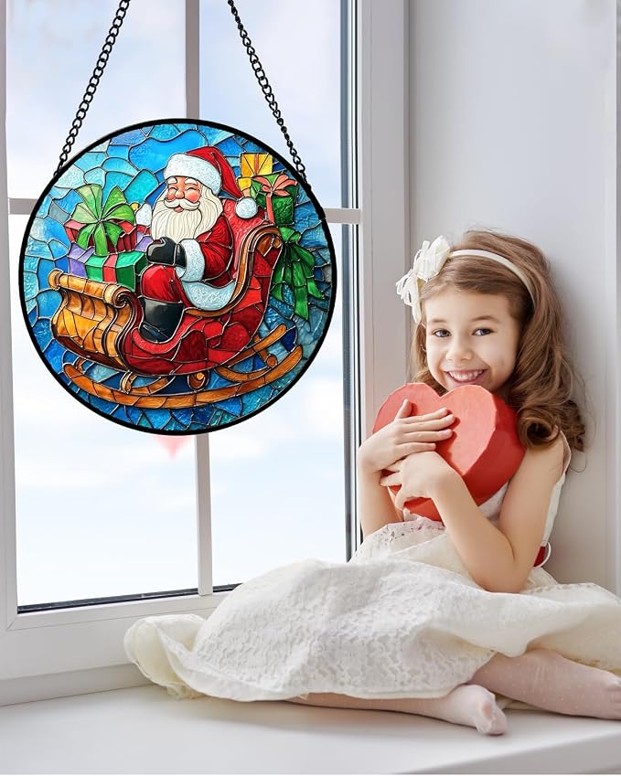 DASTOLL Stained Glass Window Hanging - Red Santa Claus Gift Box Suncatcher for Doors Home Christmas Decoration Winter Sun Catcher Thanksgiving New Year Birthday Gift for Women Men Mom Nana 7.8 in