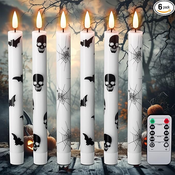 Eldnacele Flameless Taper Candles Flickering with Remote and Timer, Battery Operated LED Taper Candles Skull Bats Spider Decals Real Wax Halloween Indoor Decoration(6 Pack, 0.78 x 9.64 Inches)