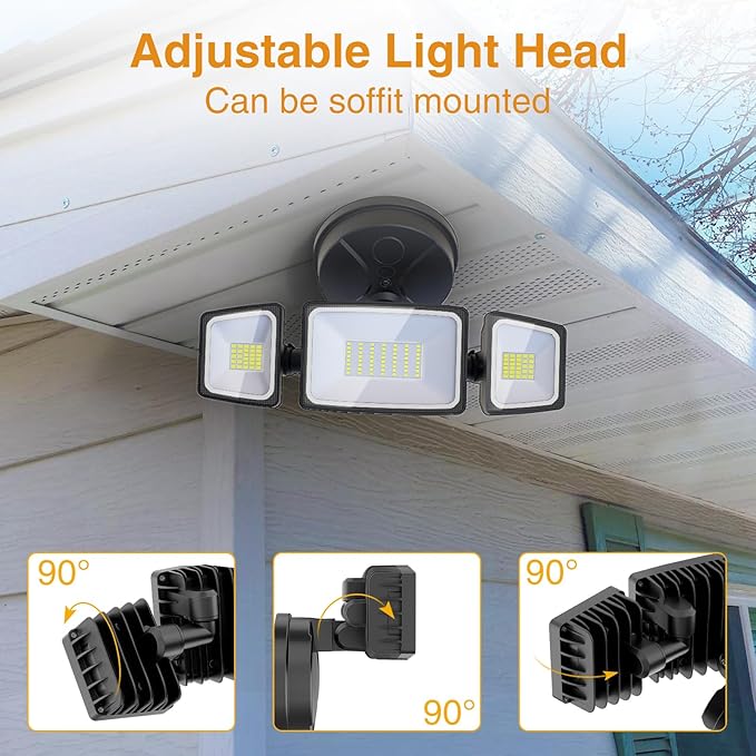 Onforu 75W Flood Lights Outdoor, 7000LM Brightness Security Lights Switch Controlled, 3 Adjustable Heads, IP65 Waterproof, 6500K Wall Mount Exterior LED Flood Light