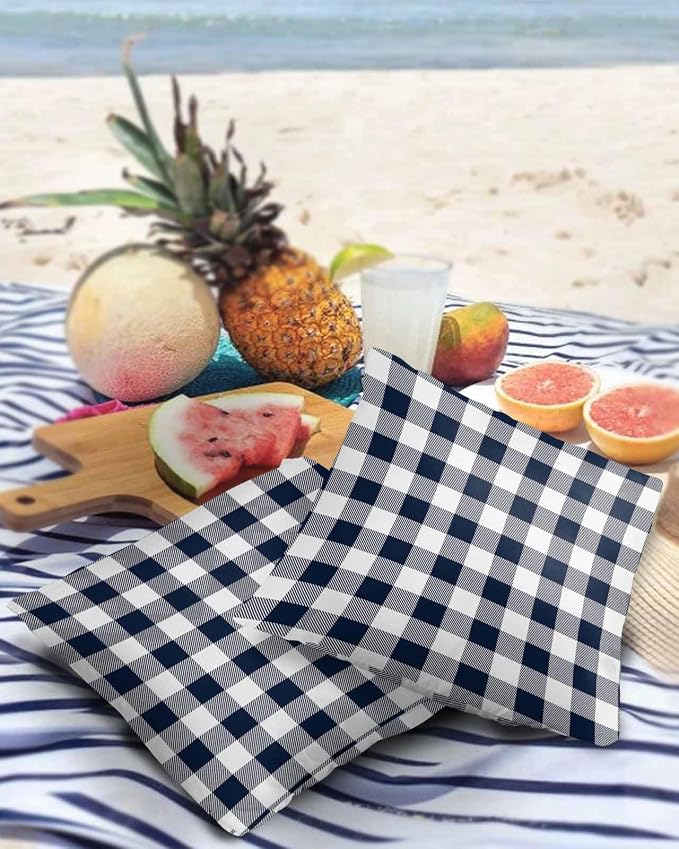 Outdoor Waterproof Throw Pillow Covers Set of 2 Buffalo Plaid Dark Blue Check Pillowcases 26x26 Inches Farmhouse Style Patio Decorative Pillows Cushion Case Patio Pillows for Couch Bed Chair Garden