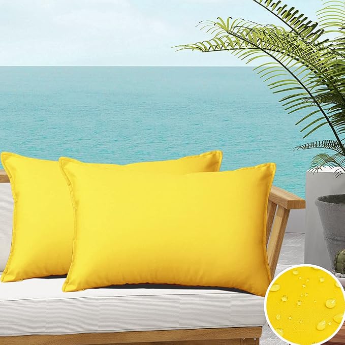 Yellow Outdoor Waterproof Throw Pillow Covers Summer Durable Vibrant Decorative Cushion Shem for Patio Funiture, Garden, Outdoor Sofa (12x20 Inches, 2 Pack)