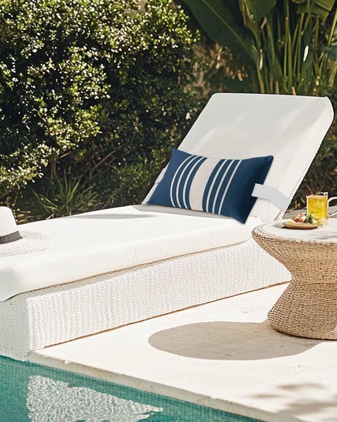 Pack of 2 Outdoor Lumbar Pillow Covers 12x20 Inch, Navy Blue Beige Striped Waterproof Throw Pillow Covers Set, Modern Farmhouse Retro Lines Indoor&Outdoor Cushion Cases for Patio Porch Beach