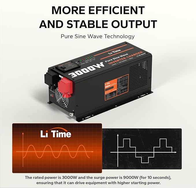 LiTime 3000W Pure Sine Wave Inverter Charger, 12V DC to 120V AC Solar Controller, 9000W Peak Power, UPS Function, 5A - 45A Adjustable Current, LCD Remote Control, for RV, Home Backup, Truck, Boat