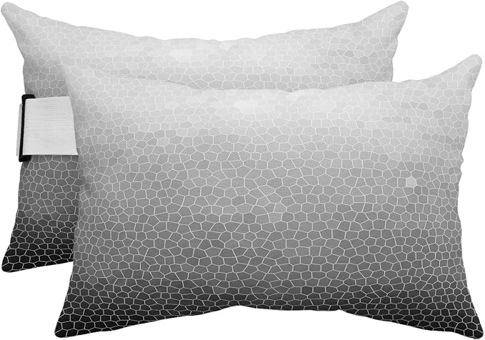 Chaise Lounge Headrest Pillow 2 Pack, Grey Black Ombre Waterproof Chair Pillows with Insert & Adjustable Elastic Strap for Beach Pool Recliner, Geometric Stained Glass Outdoor Patio Pillow