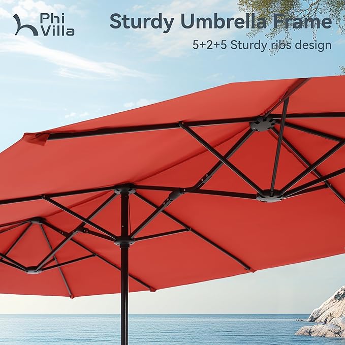 PHI VILLA 8 Piece Patio Dining Set with 13ft Patio Umbrella (Orange Red), 6 Outdoor Swivel Dining Chairs & 1 Large Metal Dining Table with 1.57" Umbrella Hole, for Lawn Garden Backyard