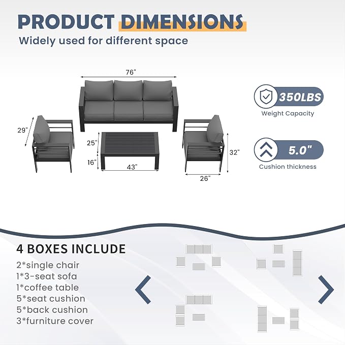 Amopatio Aluminum Patio Furniture Set, 6 Pieces Modern Patio Conversation Sets, Outdoor Sectional Metal Sofa with Coffee Table for Balcony, Garden, Dark Grey (Included Waterproof Covers)
