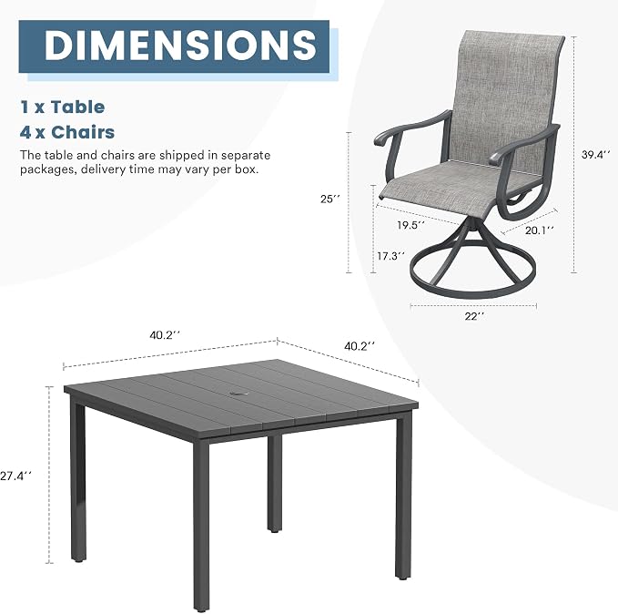 DIFY Patio Table and Chairs Set for 4, 5 Piece Outdoor Dining Set Includes 40.2" Square Metal Dining Table with Umbrella Hole and 4 Textilene Swivel Patio Chairs, for Garden Backyard Deck, Grey