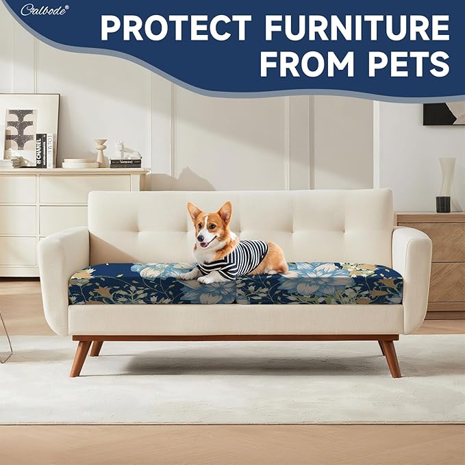 CALBODE 8Pcs Stretch Patio Cushion Cover, Printed Couch & Sofa Slipcovers for Patio Furniture Cushions Washable Reusable Couch Covers Replacement for Autumn Winter (Dark Blue Floral, Cover Only)