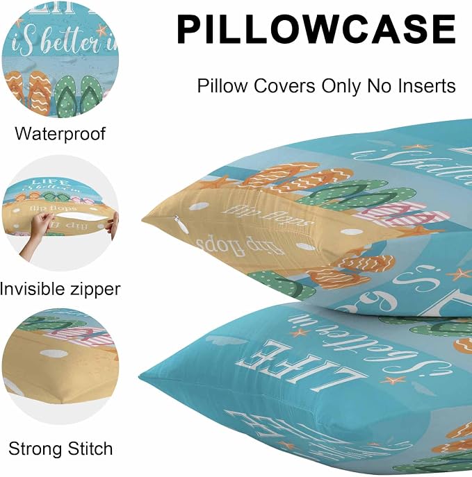 Outdoor Waterproof Pillow Covers for Patio Furniture Summer Beach Decorative Throw Pillow Cover Life Is Better in Flip Flops Pillowcases Set of 2 Cushion Case for Sofa Couch Chair Home Decor 18x18inch