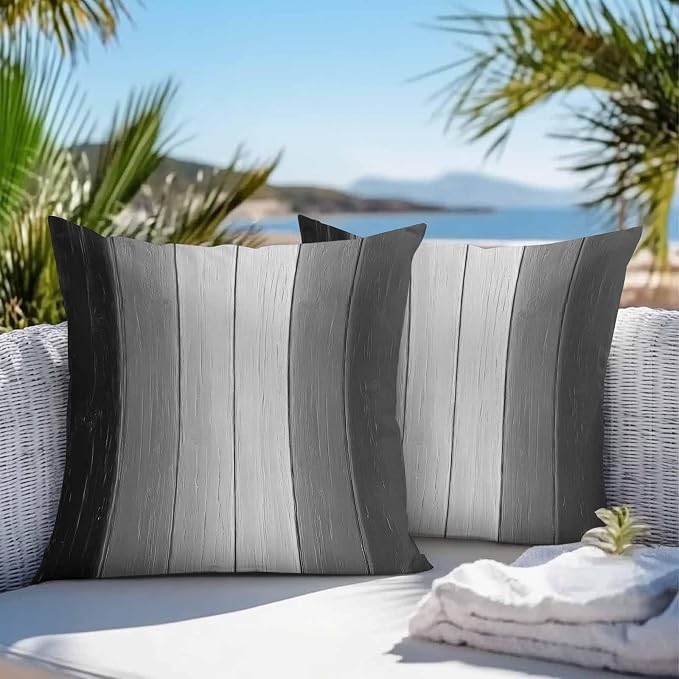 Throw Pillow Covers 20x20 Inch Set of 2, Black Gray Ombre Waterproof Outdoor Cushion Covers, Vintage Country Wooden Decorative Pillowcases for Couch, Sofa, Bed, Garden, Patio