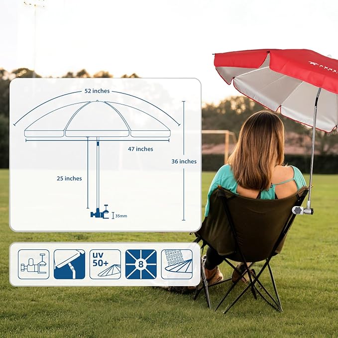 AMMSUN Chair Umbrella with Universal Clamp Adjustable 47 inches and 360° Swivel & UPF 50+ Protection Portable Sun Umbrella, Secure Clip on Camping/Beach Chairs, Stroller, Wheelchair, Golf cart, Lounger, Red, Large-sized