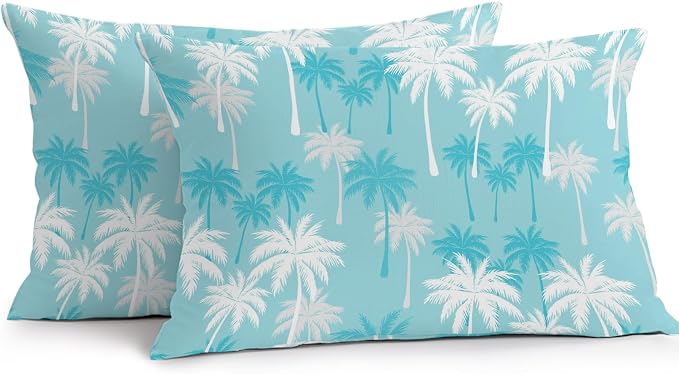 Lumbar Pillow Covers 20x12 Inch Set of 2, Tropical Palm Tree Waterproof Outdoor Pillow Covers, Blue Cyan Plants Coastal Leaf Beach Decorative Cushion Pillowcases for Couch, Sofa, Bed, Garden, Patio