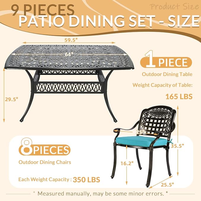 9 Piece Outdoor Patio Dining Set for 8, Cast Aluminium Large Square Dining Table & 8 Cushioned Stackable Chairs, Umbrella Hole, Patio Furniture Set for Garden Porch Poolside, Ocean Blue