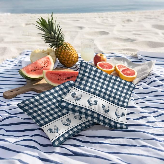 Outdoor Waterproof Throw Pillow Covers Set of 2 Chicken Cock Rooster Pillowcases 26x26 Inches Farmhouse Animal Blue Plaid Decorative Pillows Cushion Case Patio Pillows for Couch Bed Chair Garden