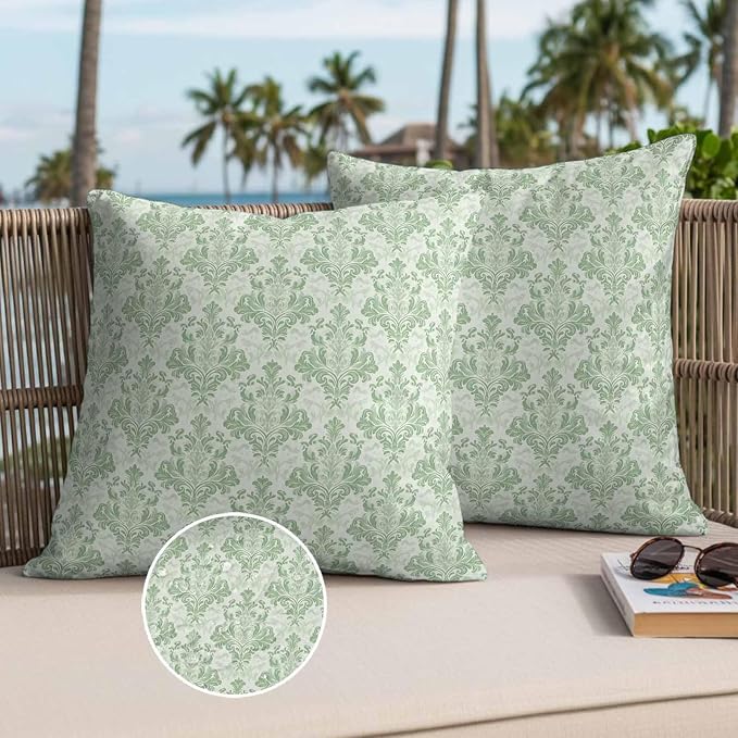 Green Scroll Floral Waterproof Outdoor Pillow Covers Set of 2 Home Decor, Baroque Damask Medallion Pattern Pillowcase Patio Pillow Covers for Couch Bench Furniture Garden 16x16in