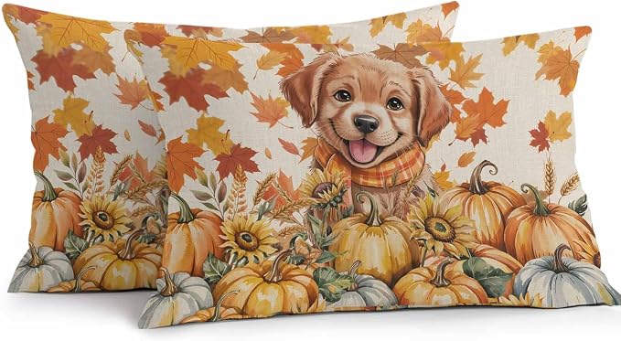 Orange Cute Dog Outdoor Waterproof Pillow Covers, Fall Pumpkins Maple Leaves Retro Pastoral Decorative Rectangle Throw Pillowcase Sofa Cushion Sham for Patio/Couch/Chair, 20"x12" 2 Pack