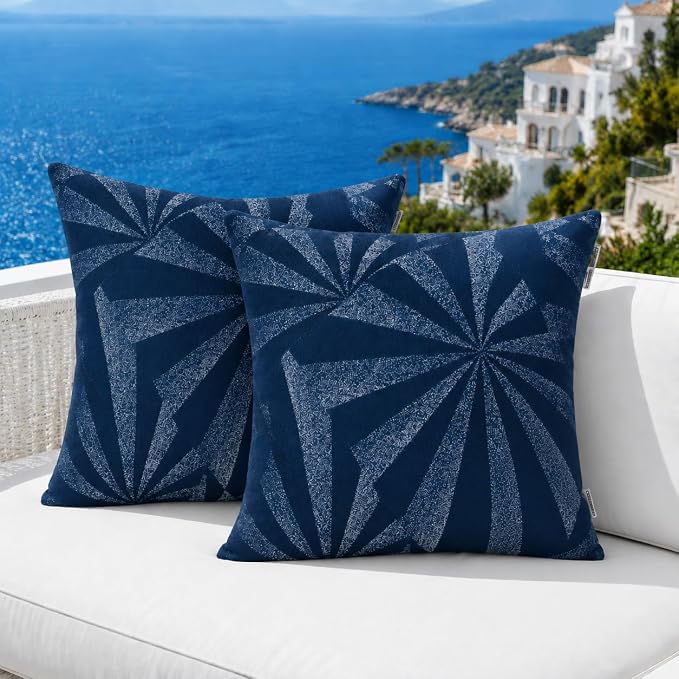 Outdoor Pillow Covers Waterproof Throw Pillow Covers, Set of 2 Jacquard Texture Water Resistant Fade Resistant Decorative Cushion Covers for Garden Patio Bench Couch Sofa, 18x18 Inch (Night Rays)