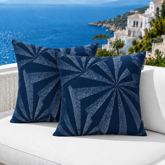 Outdoor Pillow Covers Waterproof Throw Pillow Covers, Set of 2 Jacquard Texture Water Resistant Fade Resistant Decorative Cushion Covers for Garden Patio Bench Couch Sofa, 18x18 Inch (Night Rays)