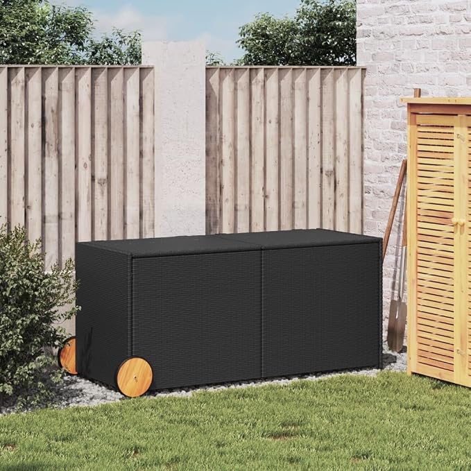 Large Outdoor Storage Box with Wheels 74.8 Gallon Black PE Rattan Patio Furniture Organizer for Cushions Pillows Blankets Weatherproof Garden Deck Box