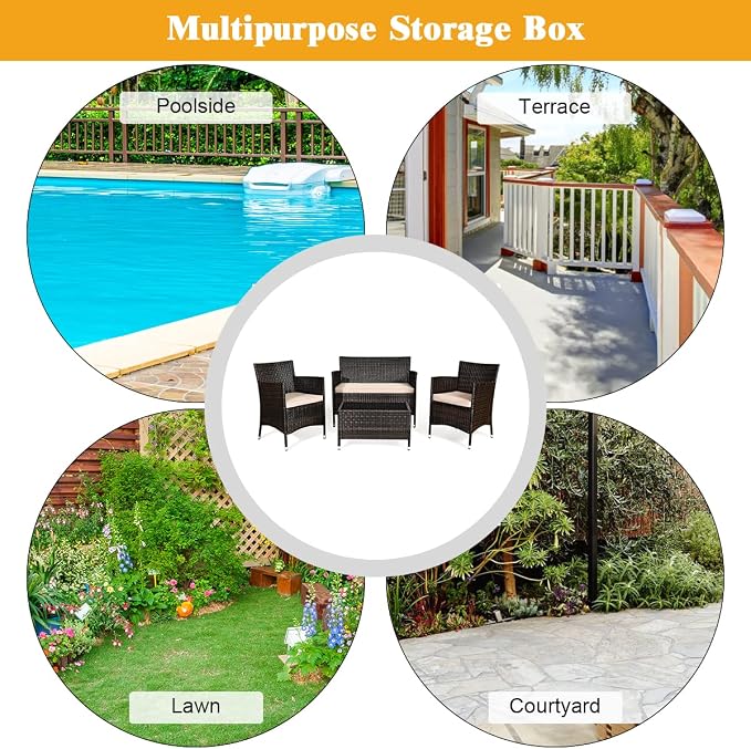 4 Pieces Patio Sofa Set, Wicker Conversation Set with Ergonomic Curved Backrest, Patio Rattan Furniture Set with Water-Resistant Cushion & Tempered Glass Table for Balcony, Porch (Brown)