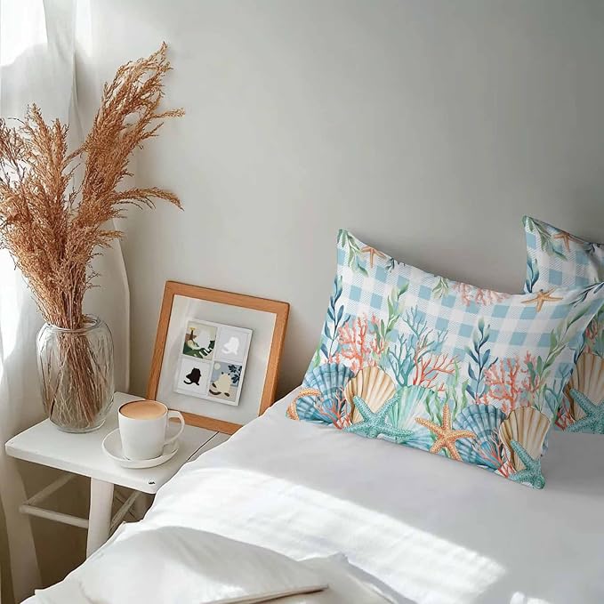 Lumbar Pillow Covers 20x12 Inch Set of 2, Nautical Coastal Waterproof Outdoor Pillow Covers, Summer Beach Shell Coral Seaweed Blue Plaid Decorative Cushion Pillowcases for Couch, Sofa, Bed, Patio