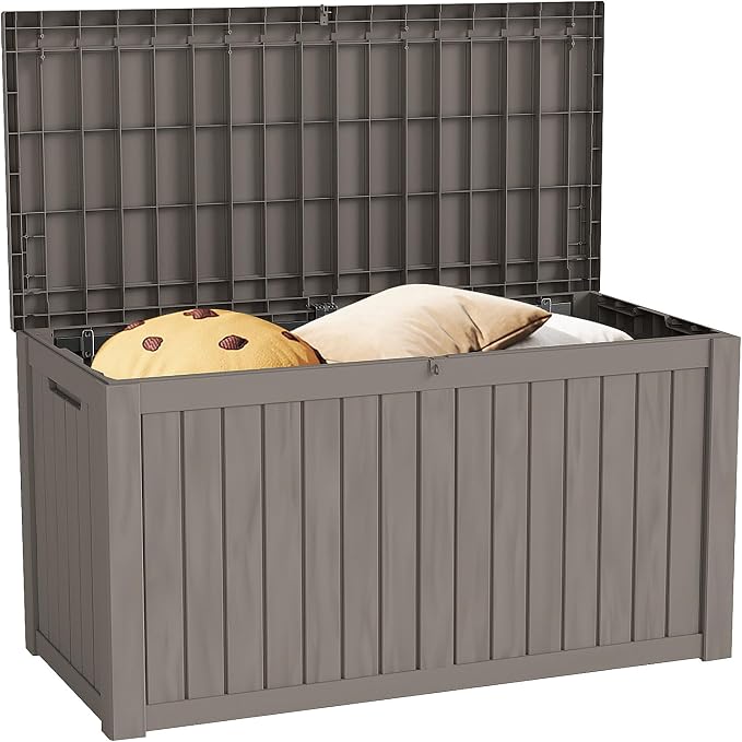 150 Gallon Waterproof Resin Outdoor Storage Box, Lockable & UV Resistant | Patio Deck Boxes, Outside Storage for Patio Cushions, Pool Toys, Garden Tools & Package Delivery, Brown