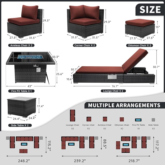 BULEXYARD 11 Piece Large High Back Grey Rattan Patio Furniture Sets with Firepit and Loungers, Comfortable Deep Wide Seat Outdoor Sectional Conversation Couch Sofa Modualr, Gray Wicker and Red Cushion