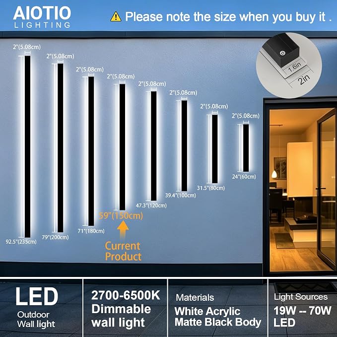 AioTio Long Outdoor Modern LED Wall Light,59inch Dimmable IP65 Waterproof Black Outdoor Porch Lights Wall Mount Lighting Fixture,Exterior Rectangular Sconce Lights for House,Corridor,Front Door