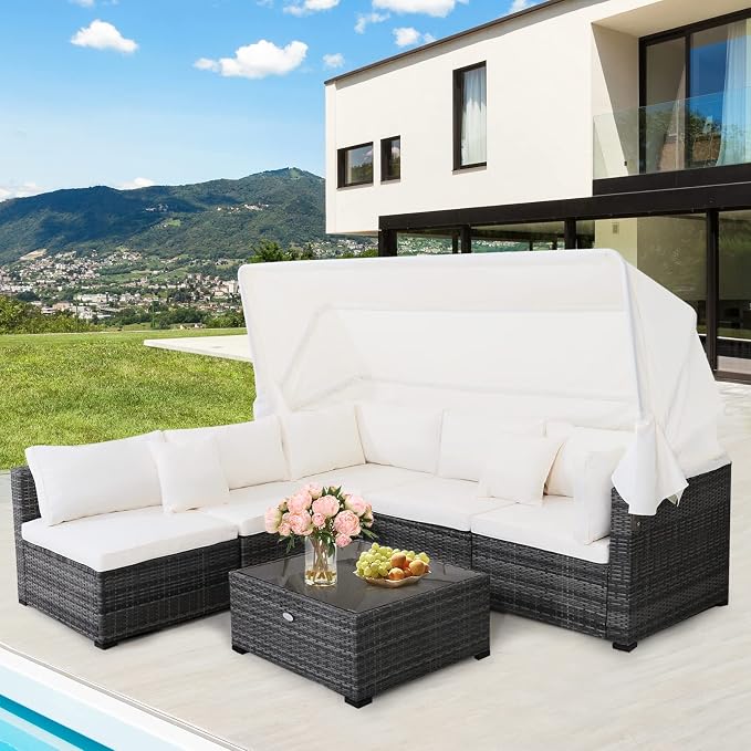 Tangkula 6-Piece Patio Furniture Set w/Retractable Canopy, Outdoor Conversation Set w/3-Seat Daybed Sofa, Soft Cushions and Tempered Glass Coffee Table, All-Weather PE Rattan Sectional Sofa Set